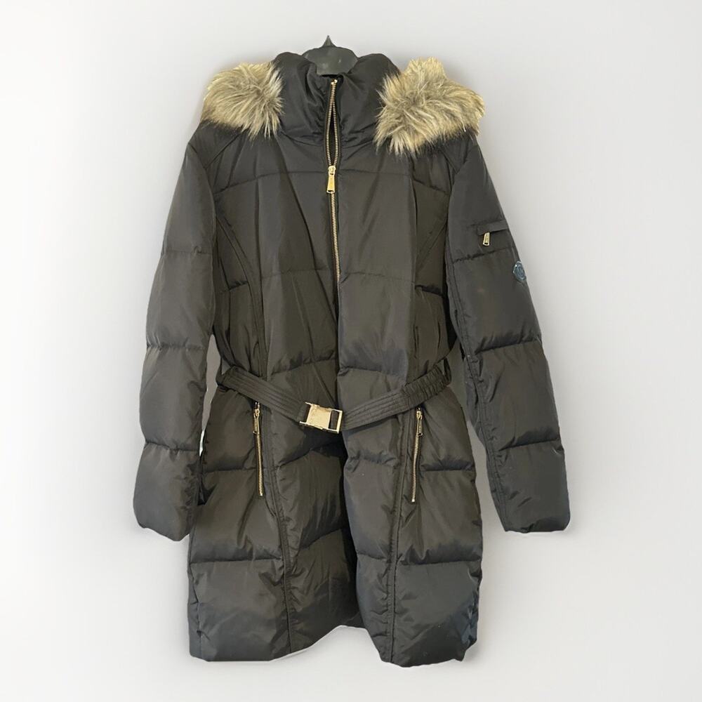 Michael Kors Down Fill Water Wind Resistant Belted Zip Up blackPuffer Coat Sz XL
